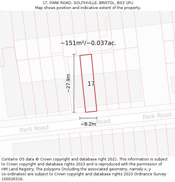17, PARK ROAD, SOUTHVILLE, BRISTOL, BS3 1PU: Plot and title map