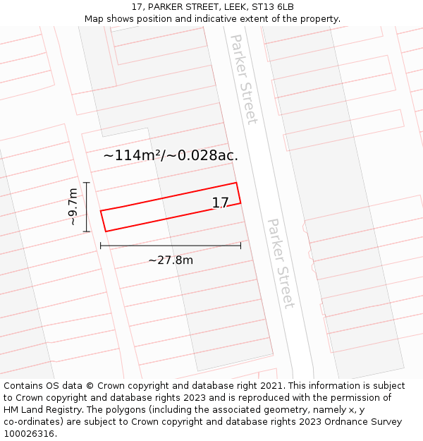 17, PARKER STREET, LEEK, ST13 6LB: Plot and title map