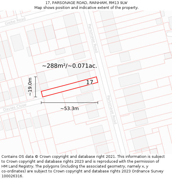 17, PARSONAGE ROAD, RAINHAM, RM13 9LW: Plot and title map