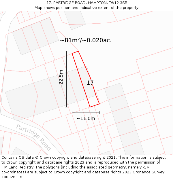 17, PARTRIDGE ROAD, HAMPTON, TW12 3SB: Plot and title map