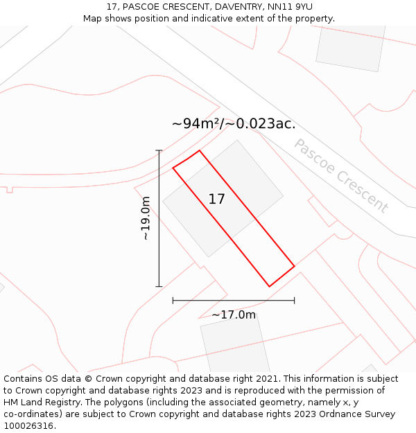 17, PASCOE CRESCENT, DAVENTRY, NN11 9YU: Plot and title map
