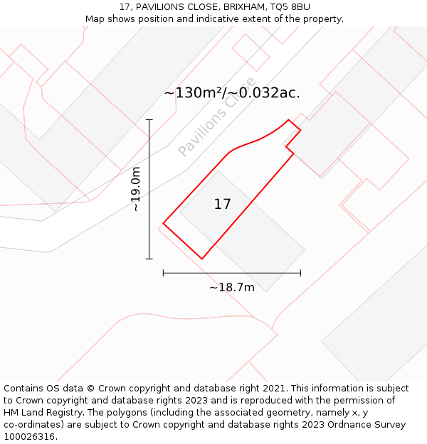 17, PAVILIONS CLOSE, BRIXHAM, TQ5 8BU: Plot and title map