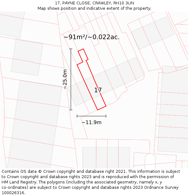 17, PAYNE CLOSE, CRAWLEY, RH10 3UN: Plot and title map