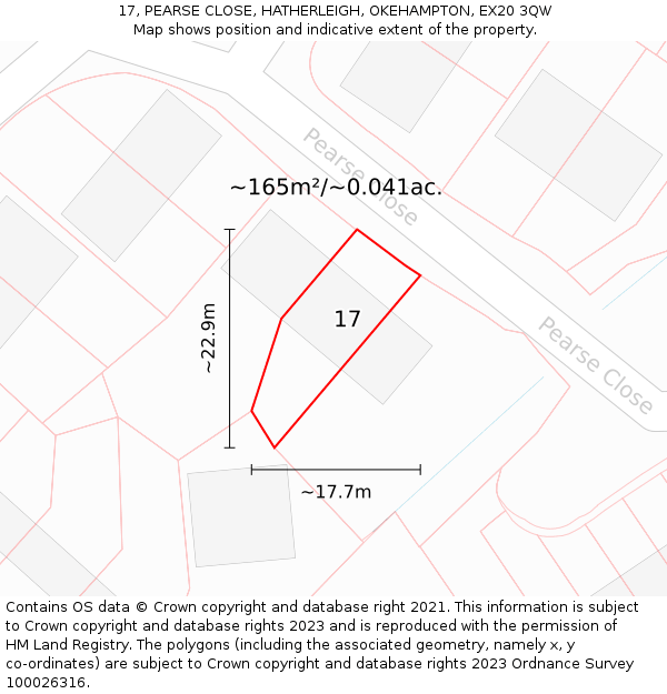 17, PEARSE CLOSE, HATHERLEIGH, OKEHAMPTON, EX20 3QW: Plot and title map
