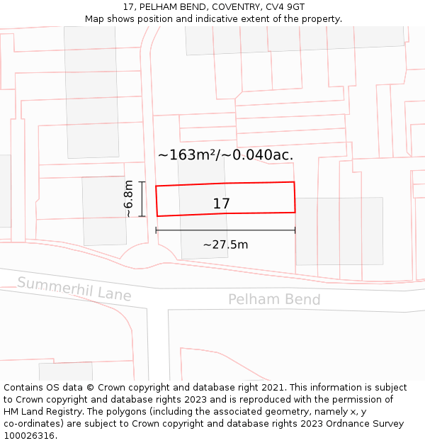17, PELHAM BEND, COVENTRY, CV4 9GT: Plot and title map