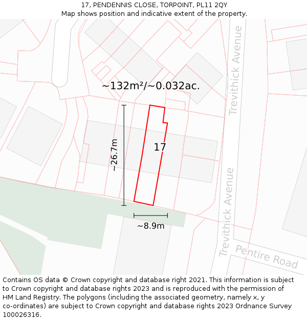 17, PENDENNIS CLOSE, TORPOINT, PL11 2QY: Plot and title map