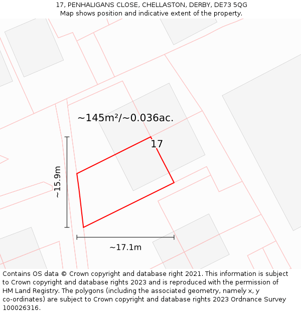 17, PENHALIGANS CLOSE, CHELLASTON, DERBY, DE73 5QG: Plot and title map