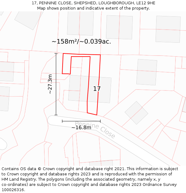 17, PENNINE CLOSE, SHEPSHED, LOUGHBOROUGH, LE12 9HE: Plot and title map