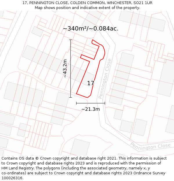 17, PENNINGTON CLOSE, COLDEN COMMON, WINCHESTER, SO21 1UR: Plot and title map