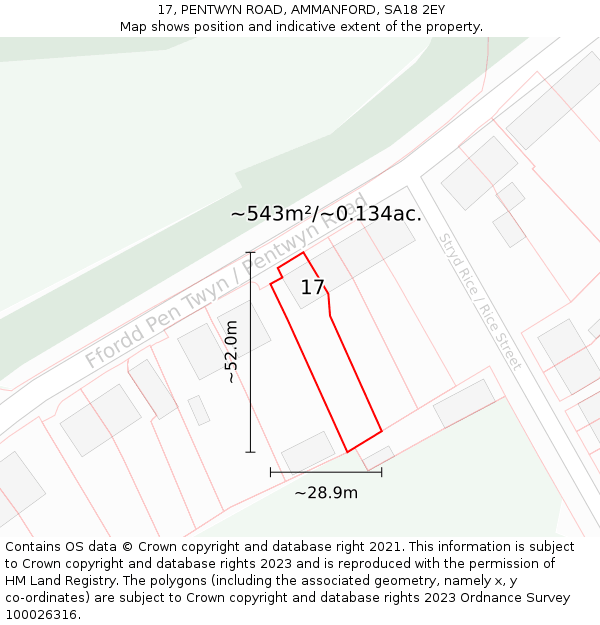 17, PENTWYN ROAD, AMMANFORD, SA18 2EY: Plot and title map