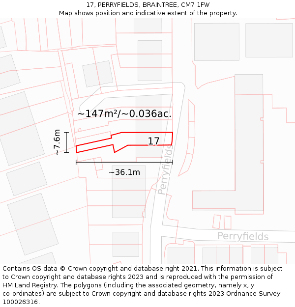 17, PERRYFIELDS, BRAINTREE, CM7 1FW: Plot and title map