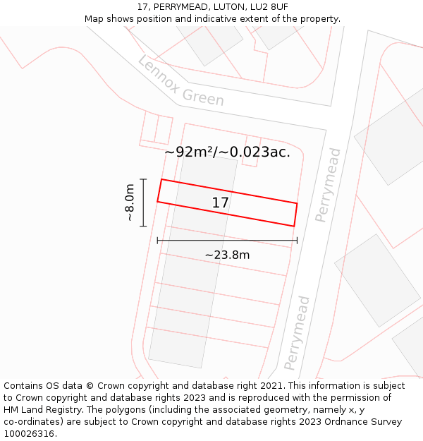 17, PERRYMEAD, LUTON, LU2 8UF: Plot and title map