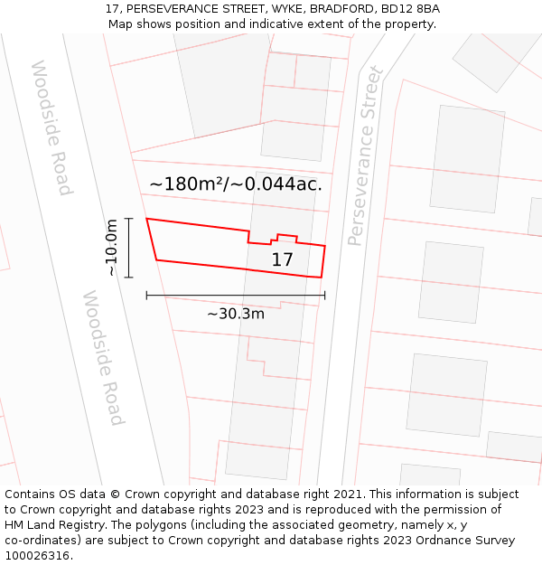 17, PERSEVERANCE STREET, WYKE, BRADFORD, BD12 8BA: Plot and title map