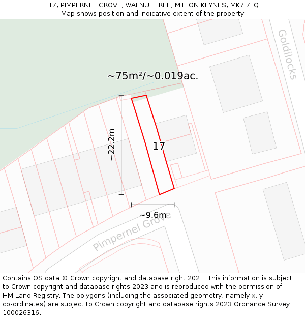 17, PIMPERNEL GROVE, WALNUT TREE, MILTON KEYNES, MK7 7LQ: Plot and title map