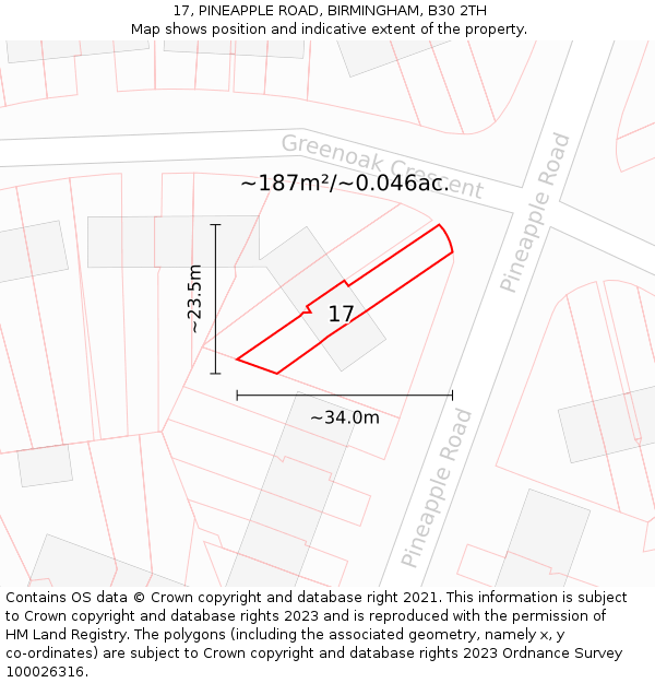 17, PINEAPPLE ROAD, BIRMINGHAM, B30 2TH: Plot and title map