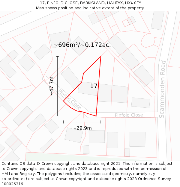 17, PINFOLD CLOSE, BARKISLAND, HALIFAX, HX4 0EY: Plot and title map
