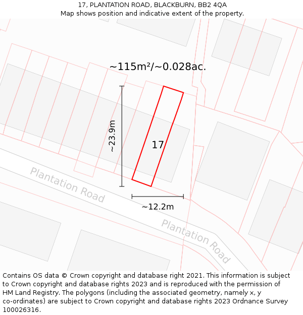 17, PLANTATION ROAD, BLACKBURN, BB2 4QA: Plot and title map