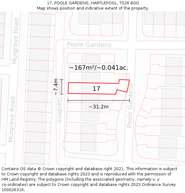 17, POOLE GARDENS, HARTLEPOOL, TS26 8GG: Plot and title map