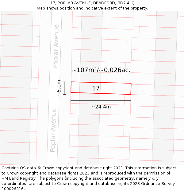 17, POPLAR AVENUE, BRADFORD, BD7 4LQ: Plot and title map