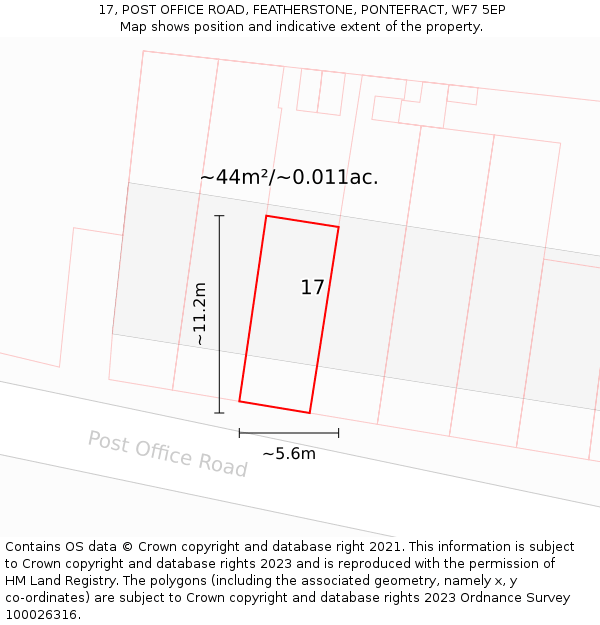 17, POST OFFICE ROAD, FEATHERSTONE, PONTEFRACT, WF7 5EP: Plot and title map