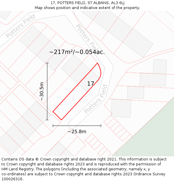 17, POTTERS FIELD, ST ALBANS, AL3 6LJ: Plot and title map