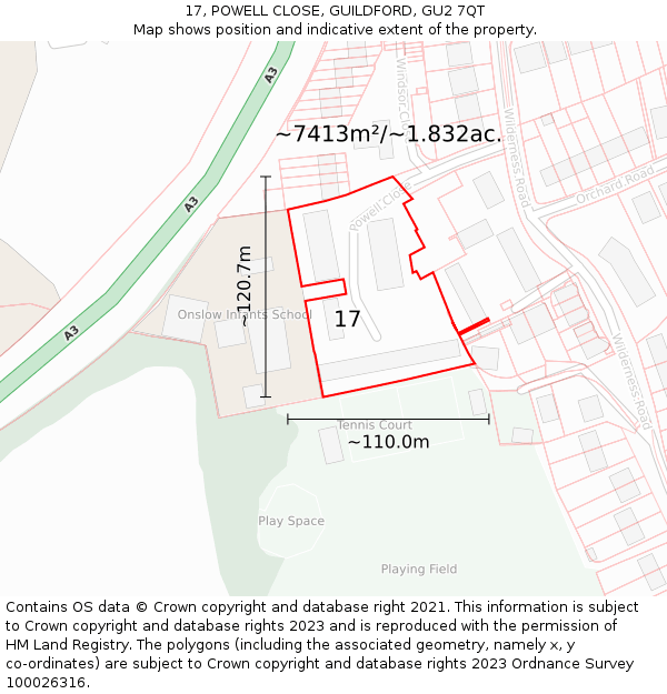 17, POWELL CLOSE, GUILDFORD, GU2 7QT: Plot and title map