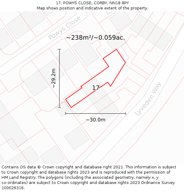 17, POWYS CLOSE, CORBY, NN18 8PY: Plot and title map
