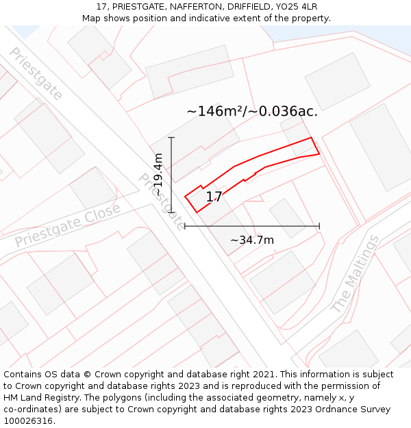 17, PRIESTGATE, NAFFERTON, DRIFFIELD, YO25 4LR: Plot and title map