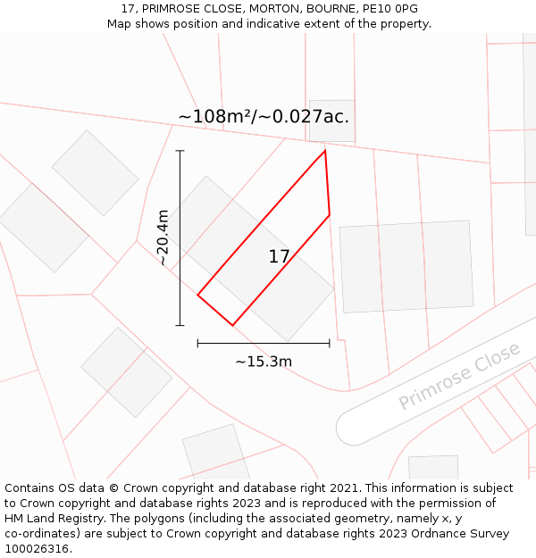 17, PRIMROSE CLOSE, MORTON, BOURNE, PE10 0PG: Plot and title map