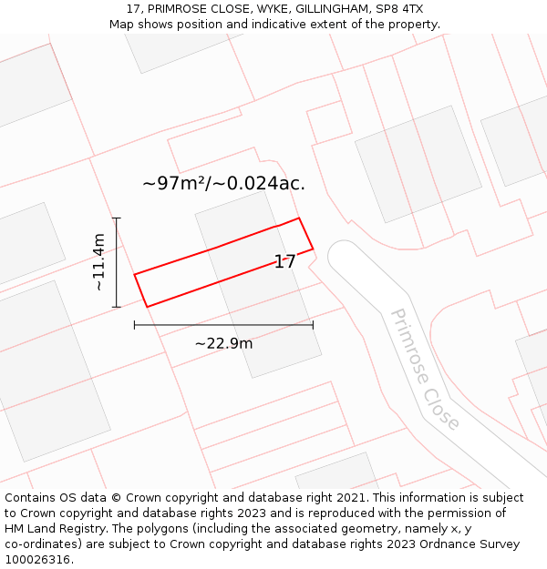17, PRIMROSE CLOSE, WYKE, GILLINGHAM, SP8 4TX: Plot and title map