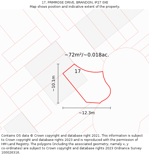 17, PRIMROSE DRIVE, BRANDON, IP27 0XE: Plot and title map