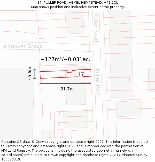 17, PULLER ROAD, HEMEL HEMPSTEAD, HP1 1QL: Plot and title map