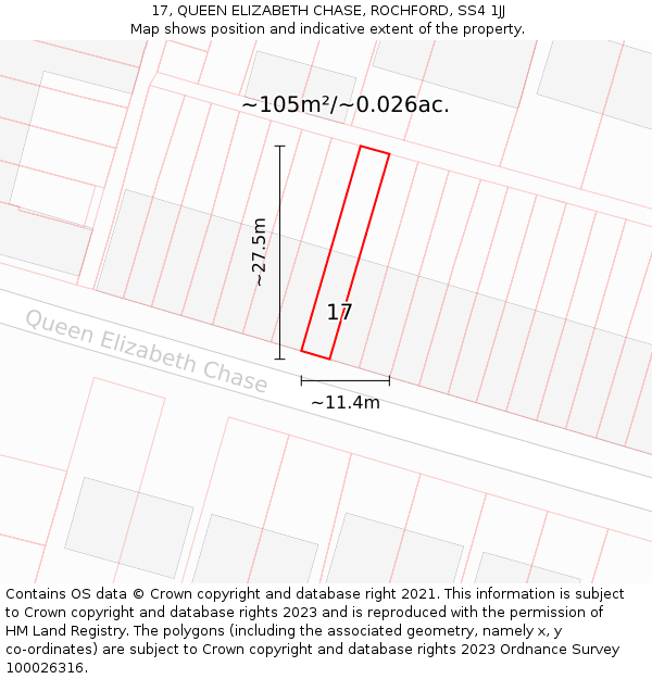 17, QUEEN ELIZABETH CHASE, ROCHFORD, SS4 1JJ: Plot and title map