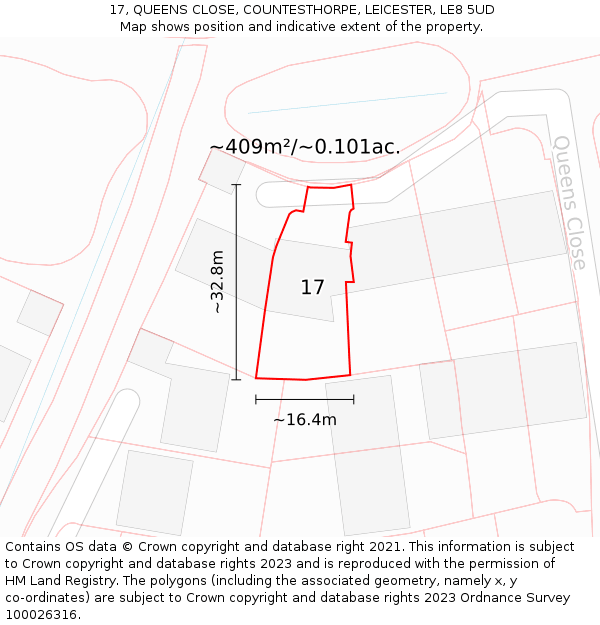 17, QUEENS CLOSE, COUNTESTHORPE, LEICESTER, LE8 5UD: Plot and title map