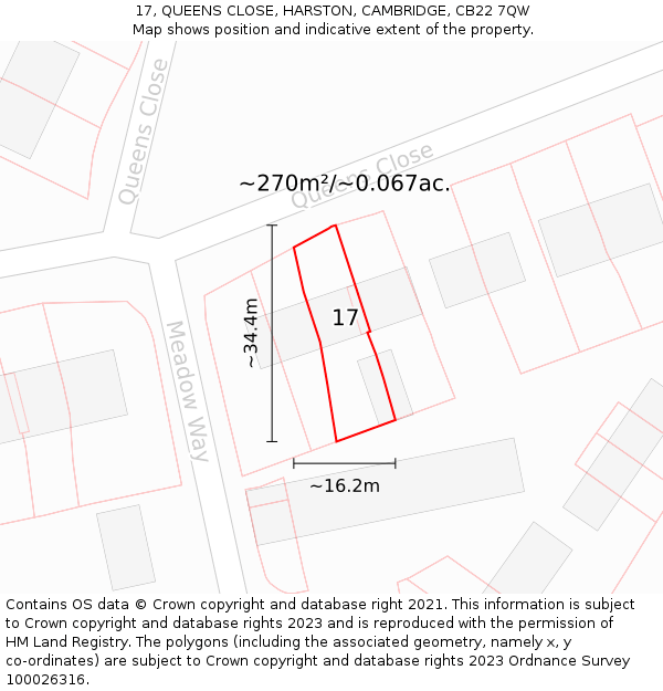 17, QUEENS CLOSE, HARSTON, CAMBRIDGE, CB22 7QW: Plot and title map