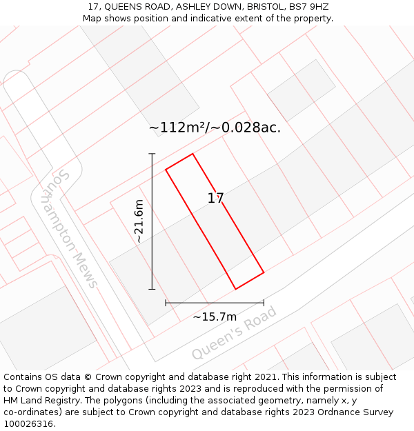 17, QUEENS ROAD, ASHLEY DOWN, BRISTOL, BS7 9HZ: Plot and title map