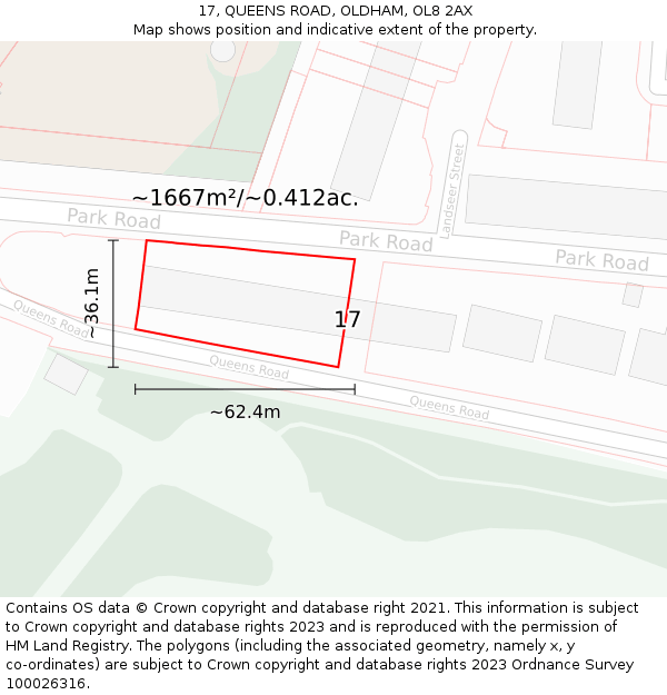 17, QUEENS ROAD, OLDHAM, OL8 2AX: Plot and title map