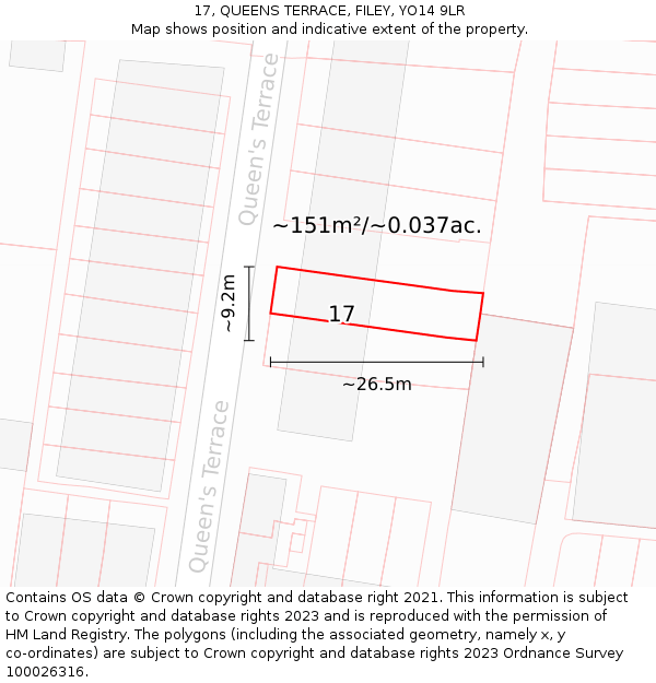 17, QUEENS TERRACE, FILEY, YO14 9LR: Plot and title map