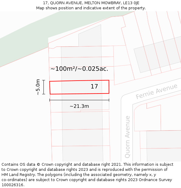 17, QUORN AVENUE, MELTON MOWBRAY, LE13 0JE: Plot and title map