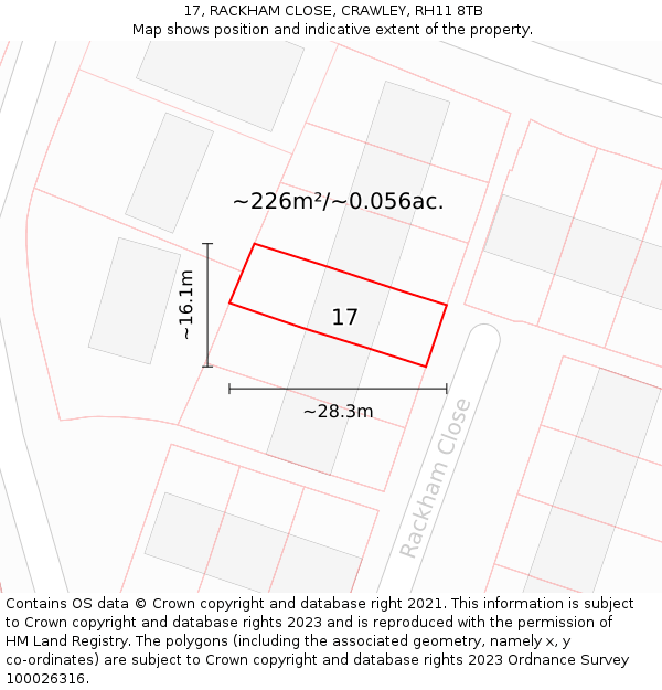 17, RACKHAM CLOSE, CRAWLEY, RH11 8TB: Plot and title map