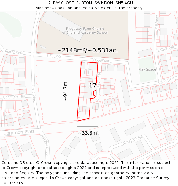 17, RAY CLOSE, PURTON, SWINDON, SN5 4GU: Plot and title map