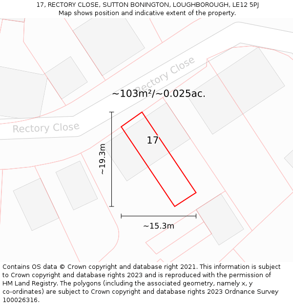 17, RECTORY CLOSE, SUTTON BONINGTON, LOUGHBOROUGH, LE12 5PJ: Plot and title map