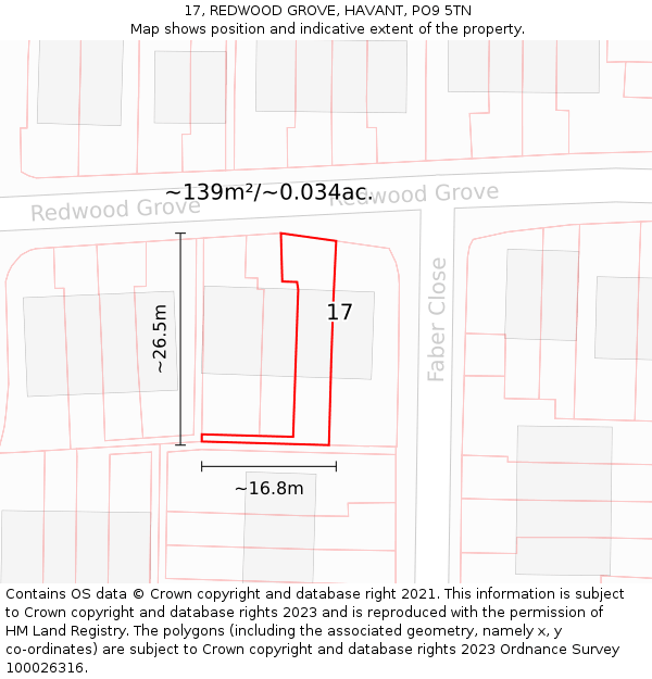 17, REDWOOD GROVE, HAVANT, PO9 5TN: Plot and title map