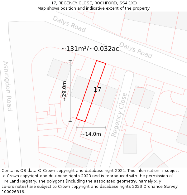 17, REGENCY CLOSE, ROCHFORD, SS4 1XD: Plot and title map