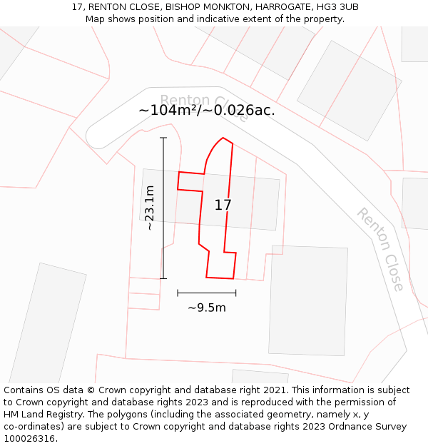 17, RENTON CLOSE, BISHOP MONKTON, HARROGATE, HG3 3UB: Plot and title map