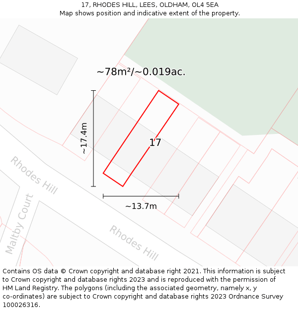 17, RHODES HILL, LEES, OLDHAM, OL4 5EA: Plot and title map