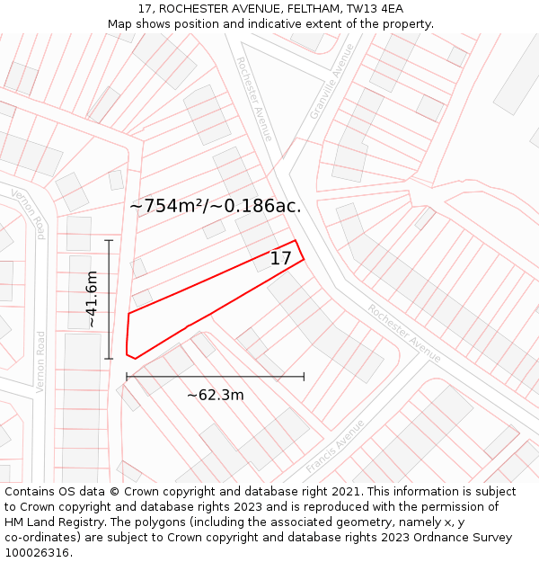 17, ROCHESTER AVENUE, FELTHAM, TW13 4EA: Plot and title map