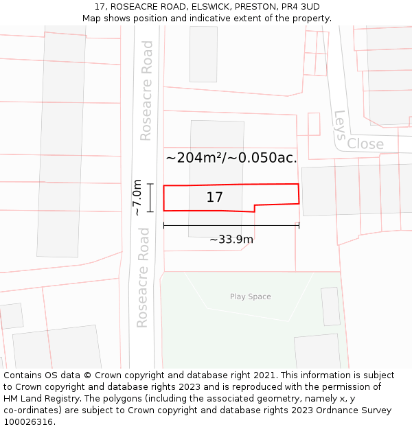 17, ROSEACRE ROAD, ELSWICK, PRESTON, PR4 3UD: Plot and title map