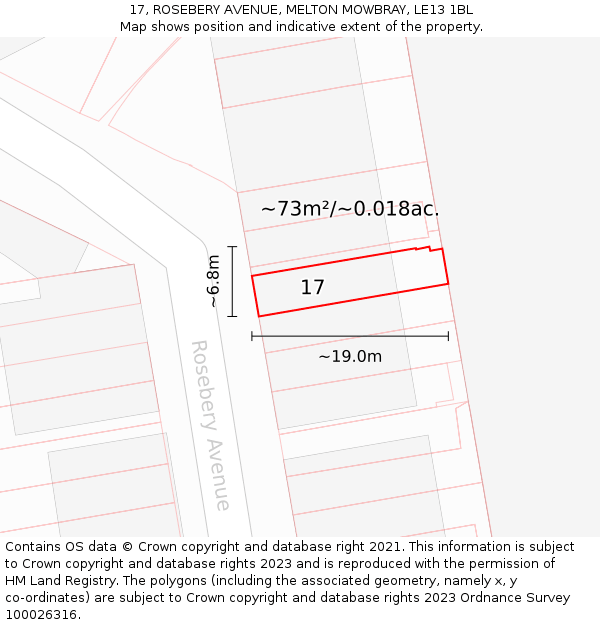 17, ROSEBERY AVENUE, MELTON MOWBRAY, LE13 1BL: Plot and title map