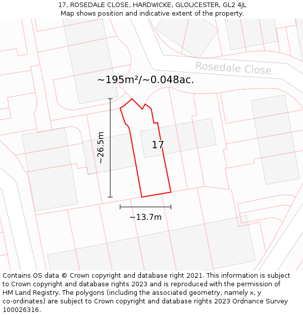 17, ROSEDALE CLOSE, HARDWICKE, GLOUCESTER, GL2 4JL: Plot and title map